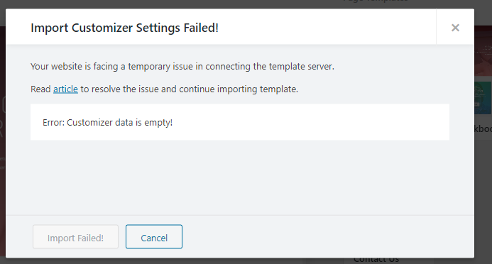Screenshot - Importing templates error