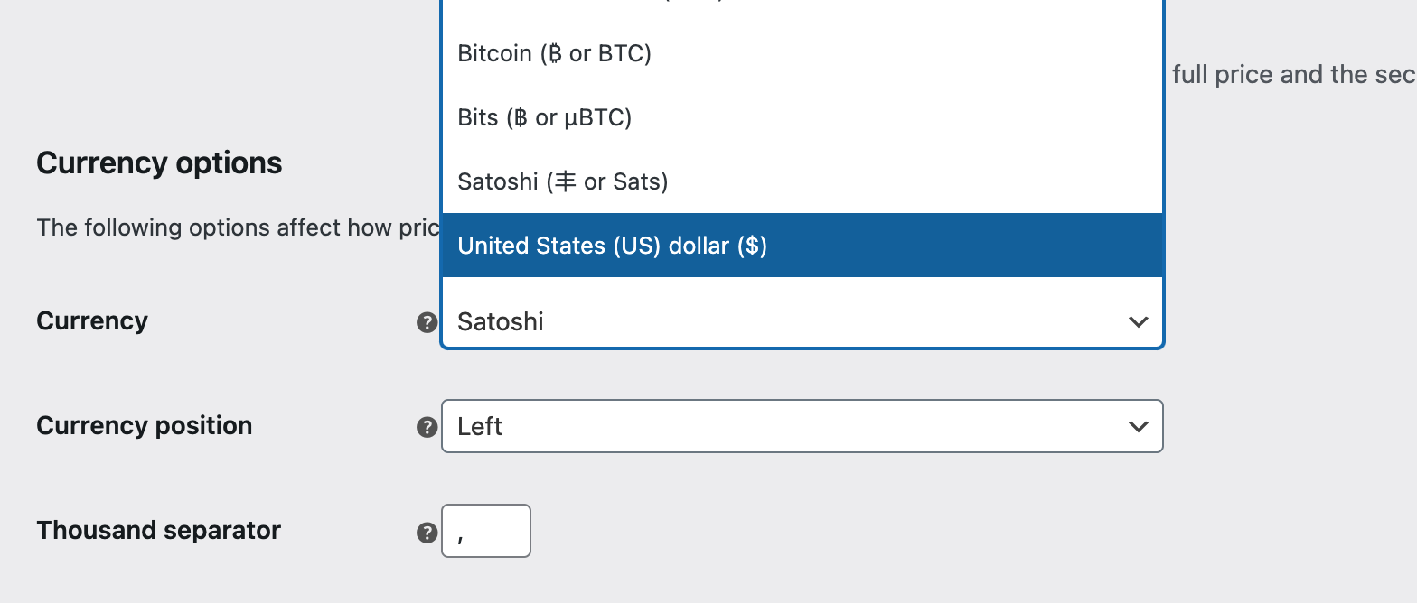 Bitcoin as Currency in WooCommerce settings